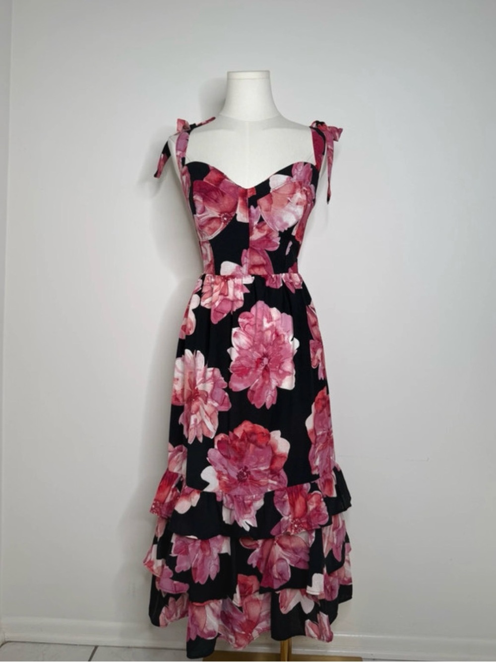 Tie-Shoulder Floral Midi Dress in Black and Pink
